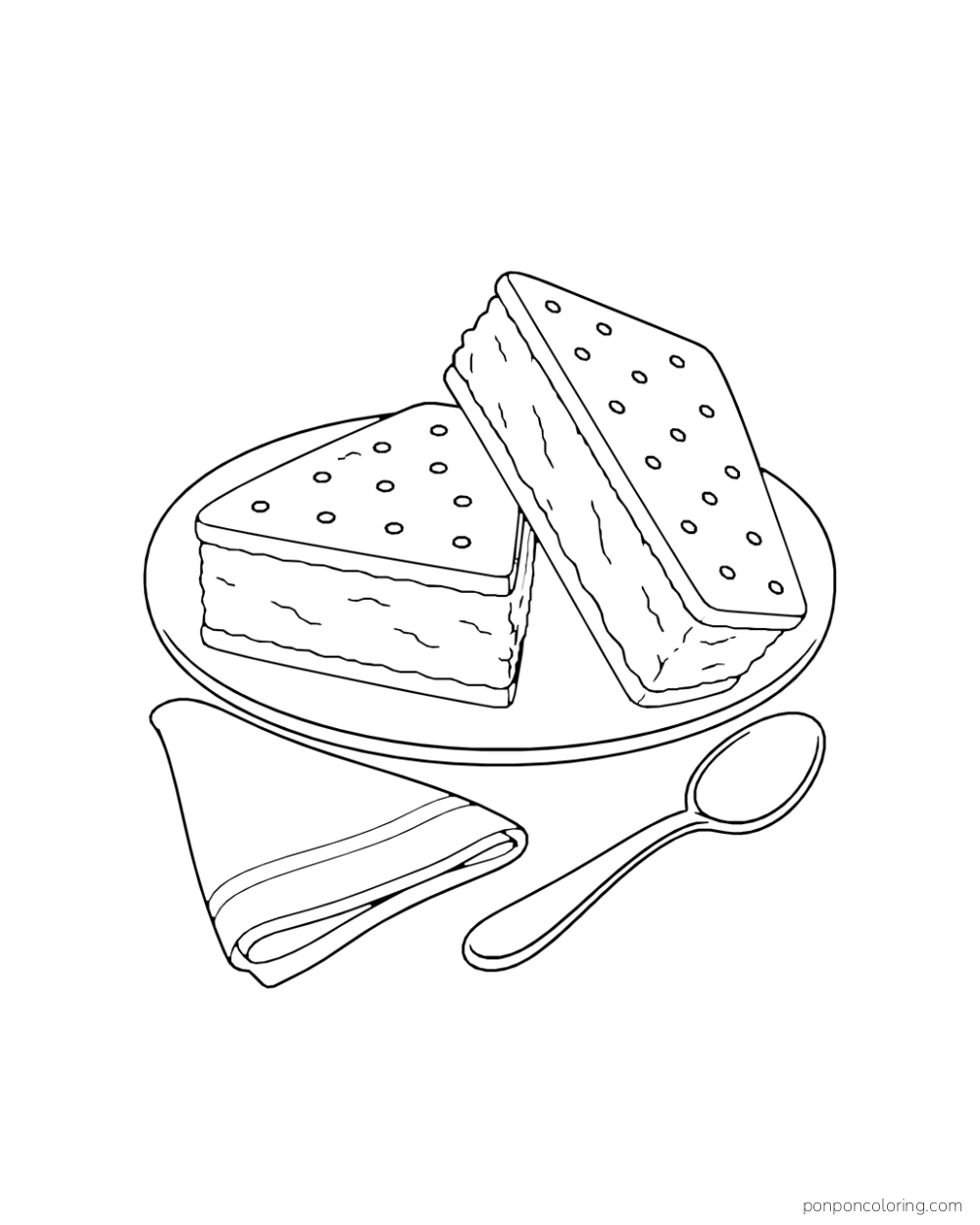 Two halves of an ice cream sandwich sit on a plate beside a spoon and folded napkin.
