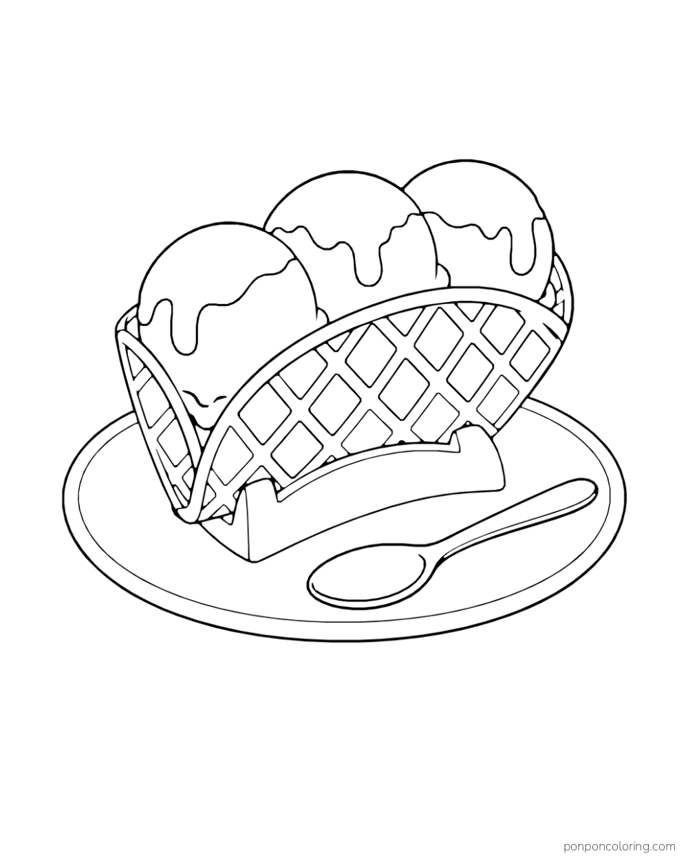 Three scoops fill a curved waffle shell in a holder on a plate beside a spoon.