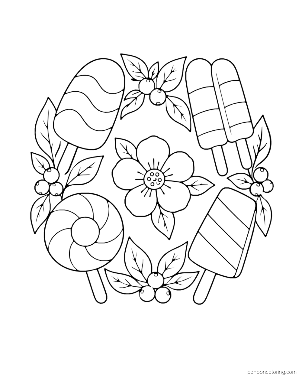 Four different ice pops form a round arrangement with leaves, flowers, and berries.