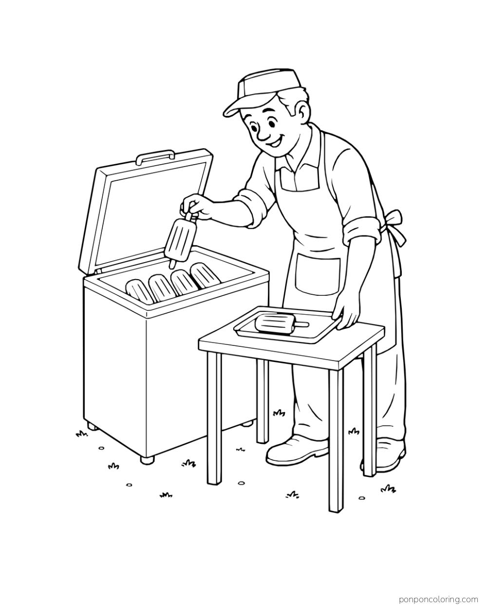 A vendor lifts an ice pop from an open chest freezer toward a tray; more pops remain inside.