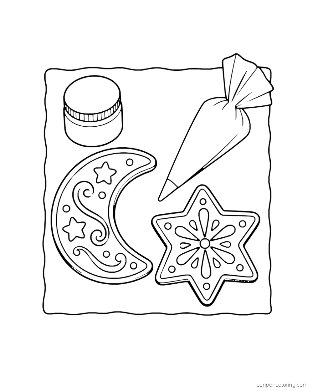 A star cookie and a crescent cookie decorated with icing sit beside a piping bag and icing jar.