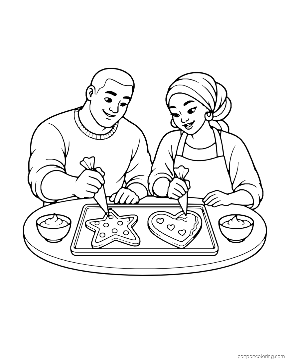 Two adults pipe icing onto star and heart cookies on a shared tray.