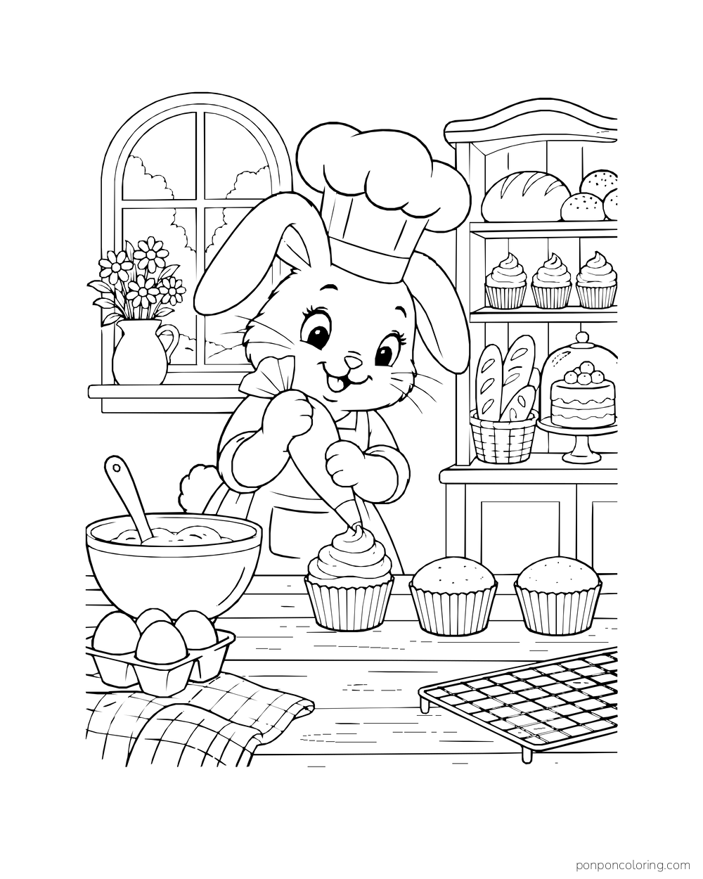 A rabbit baker pipes icing onto a cupcake beside two plain cupcakes and a mixing bowl.