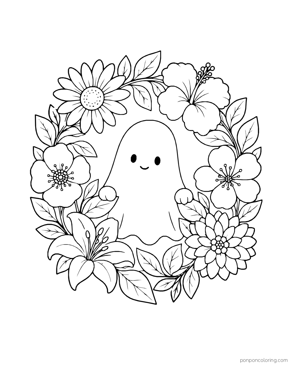 A little ghost sits inside a wreath of large flowers and leaves.