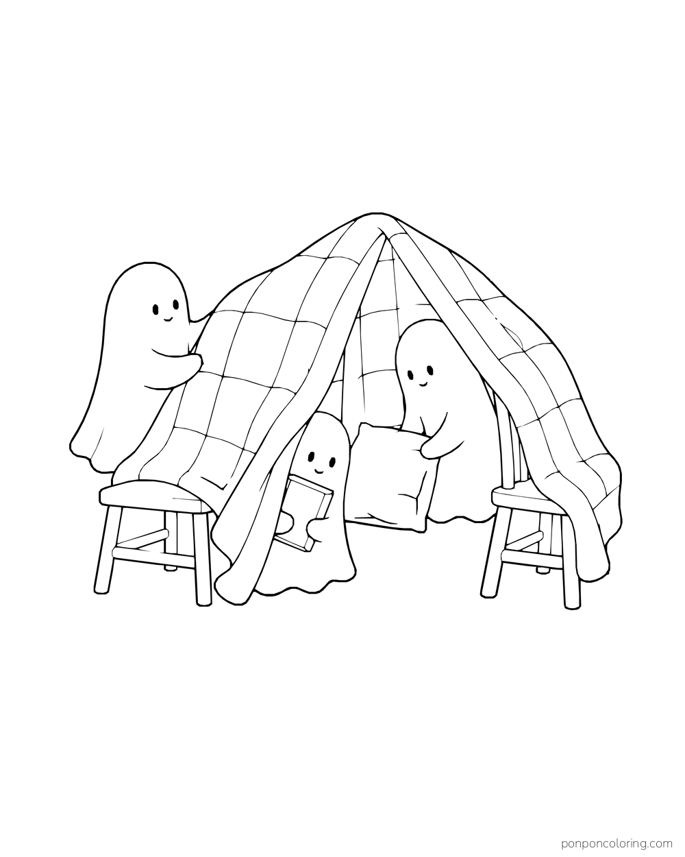 A ghost holds up a blanket fort while smaller ghosts gather beneath it.