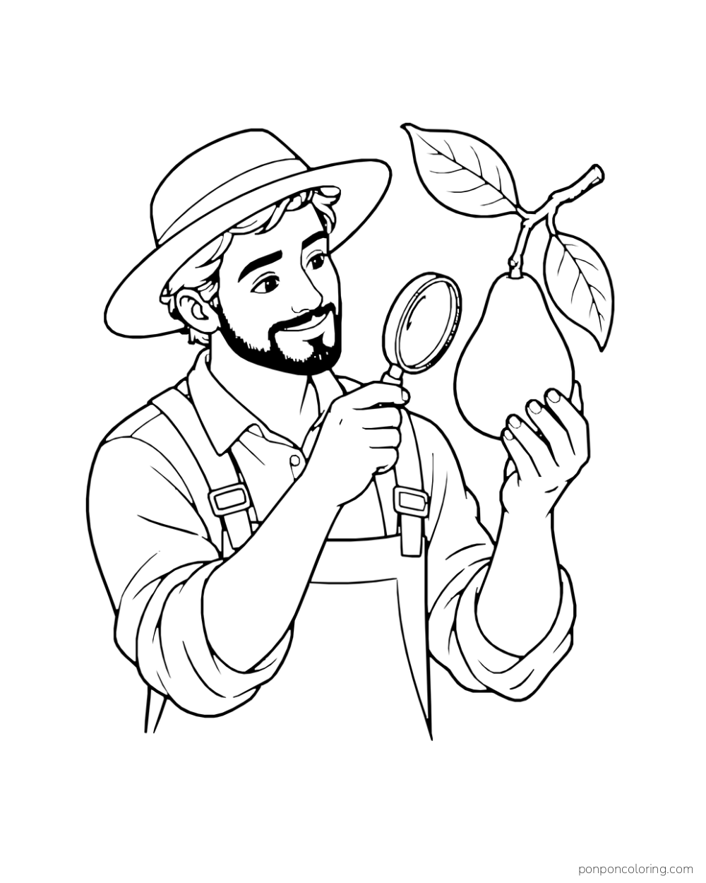 An adult orchard worker examines a large hanging avocado with a handheld magnifying glass.