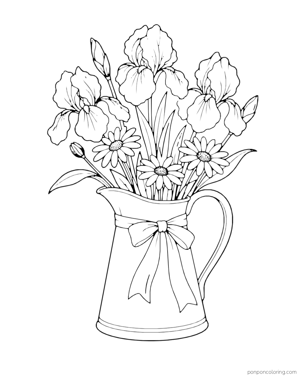 Irises and daisies fill a tall pitcher tied with a ribbon bow.