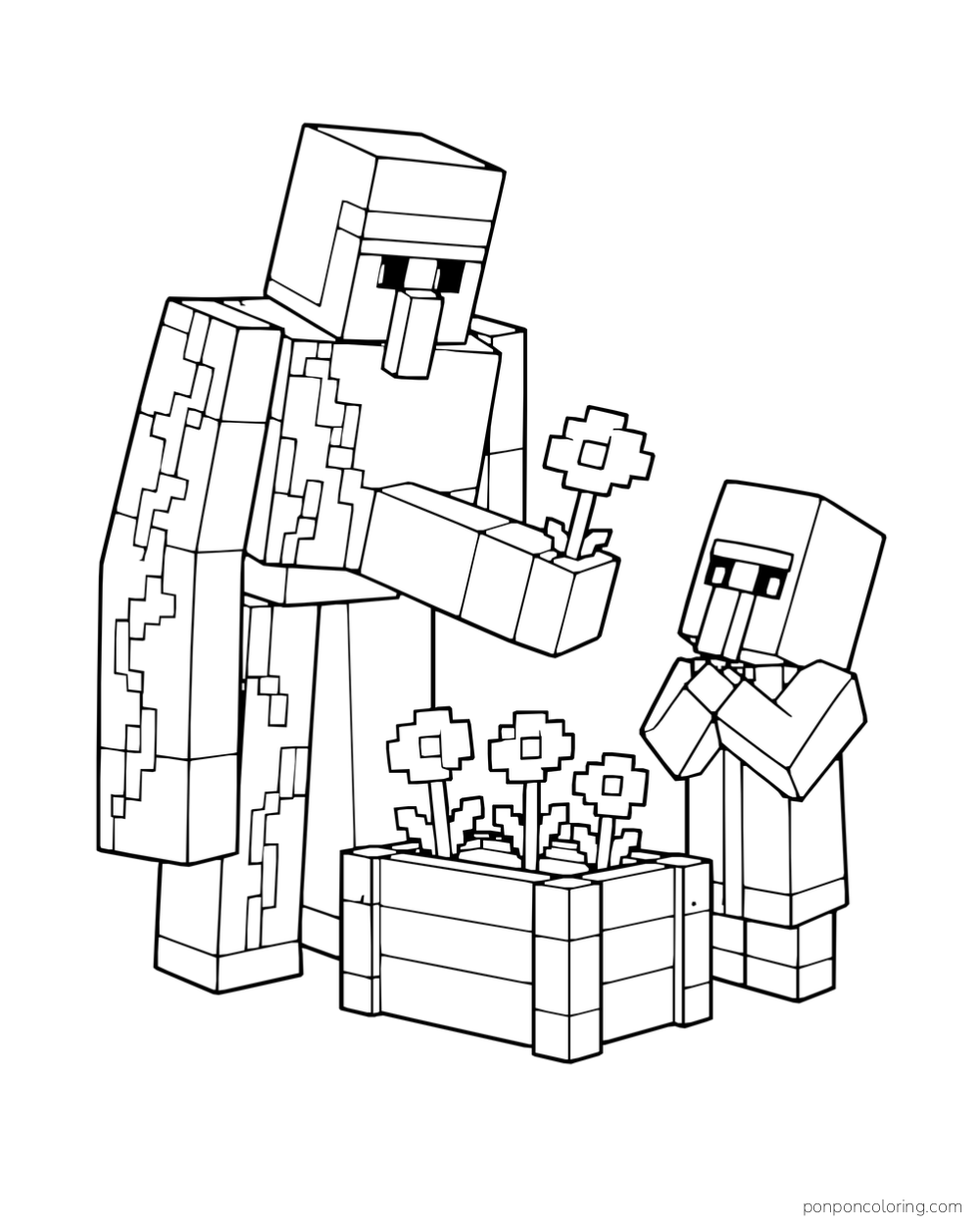 An iron golem offers a flower to a small villager beside a flower planter.
