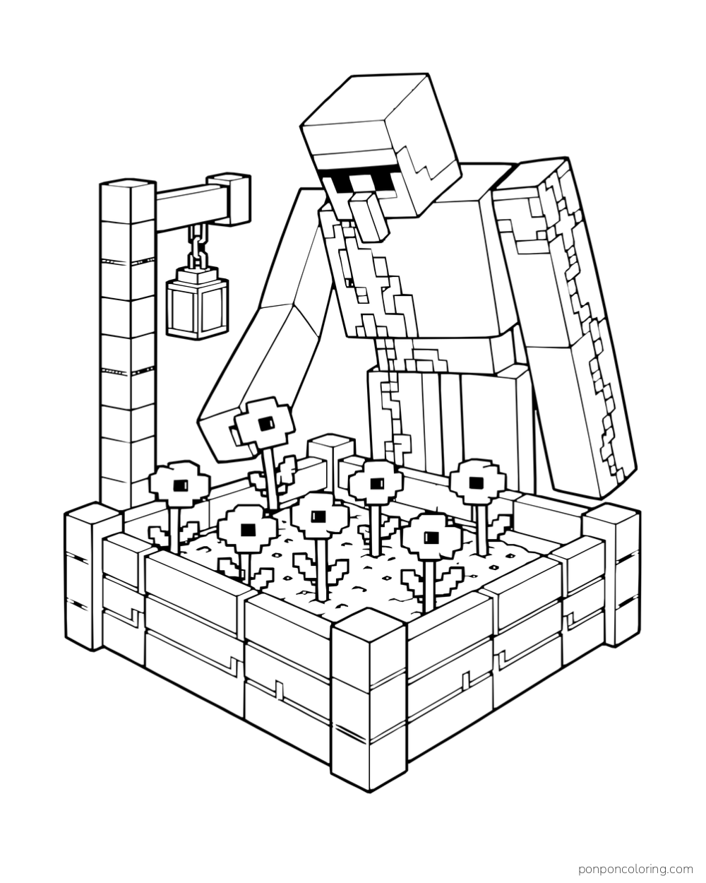 An iron golem stands over a raised flower bed beside a lantern post.