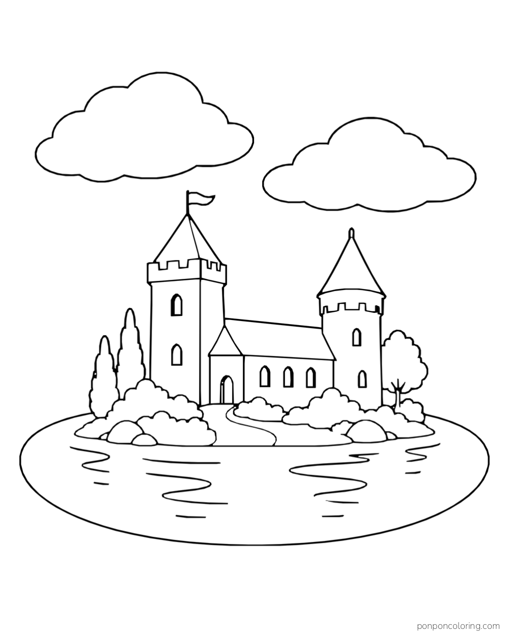 A two-towered castle on a small island surrounded by water, with trees, bushes, and two clouds.