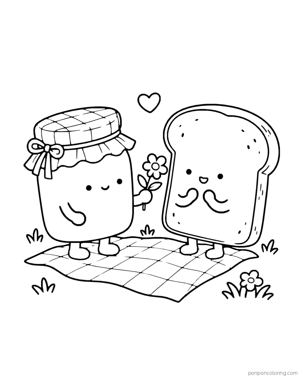 A jam jar offers a flower to a slice of bread on a checked picnic cloth.