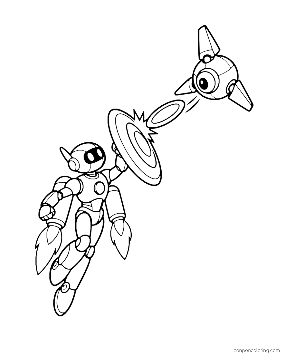 Jetpack robot deflects an energy disc from a rogue flying drone.