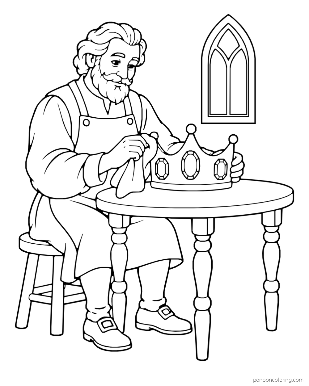 A seated jeweler wiping a crown with a cloth at a round table beside a pointed window.