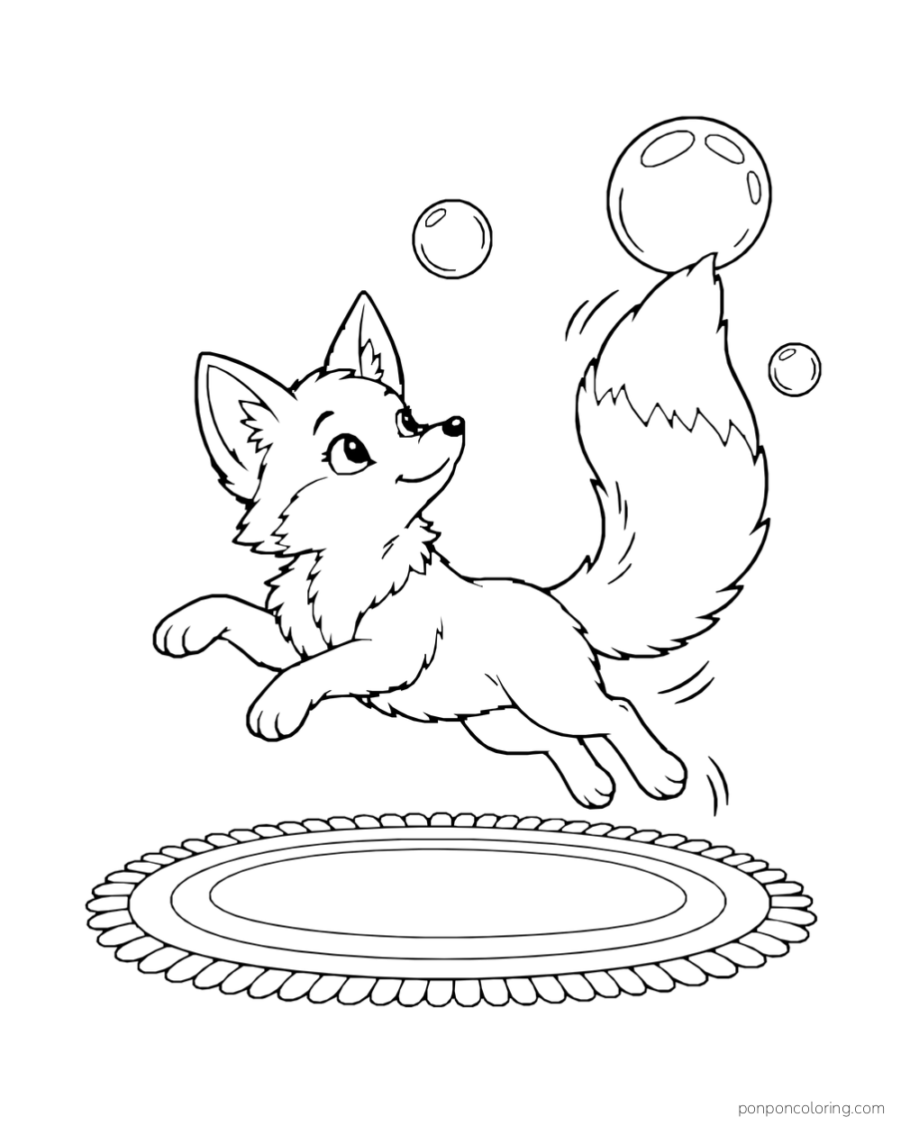 A fox leaps above a round rug beneath three floating bubbles.