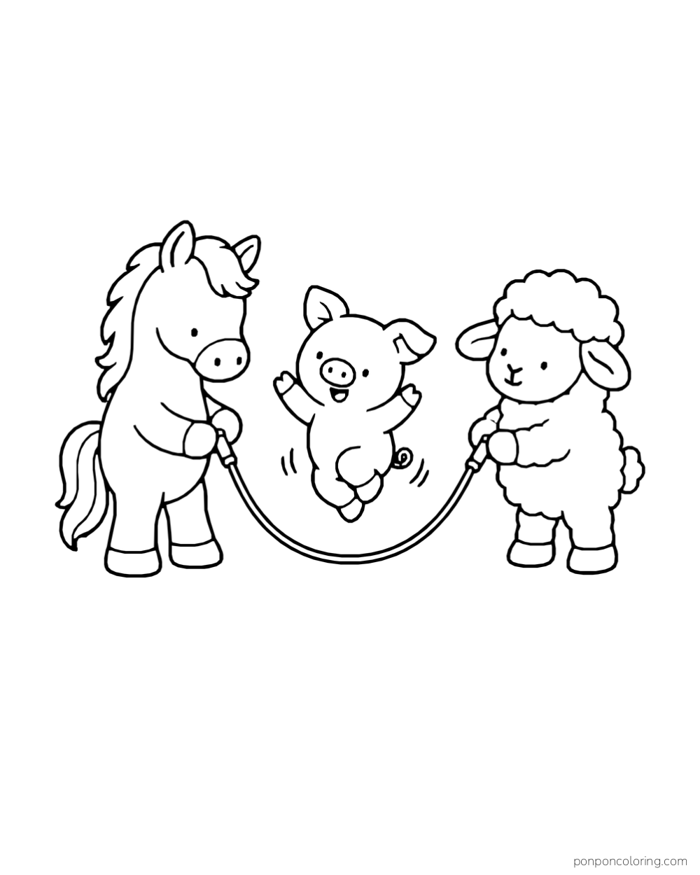 A pony and sheep turn a rope while a pig jumps between them.