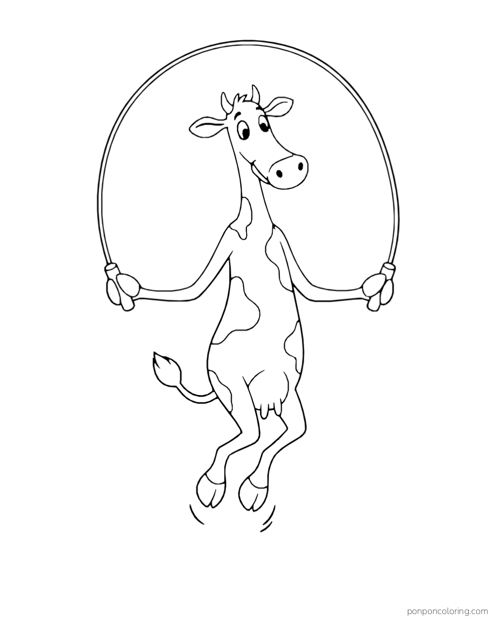 A cow jumps with a rope held in both front hooves.
