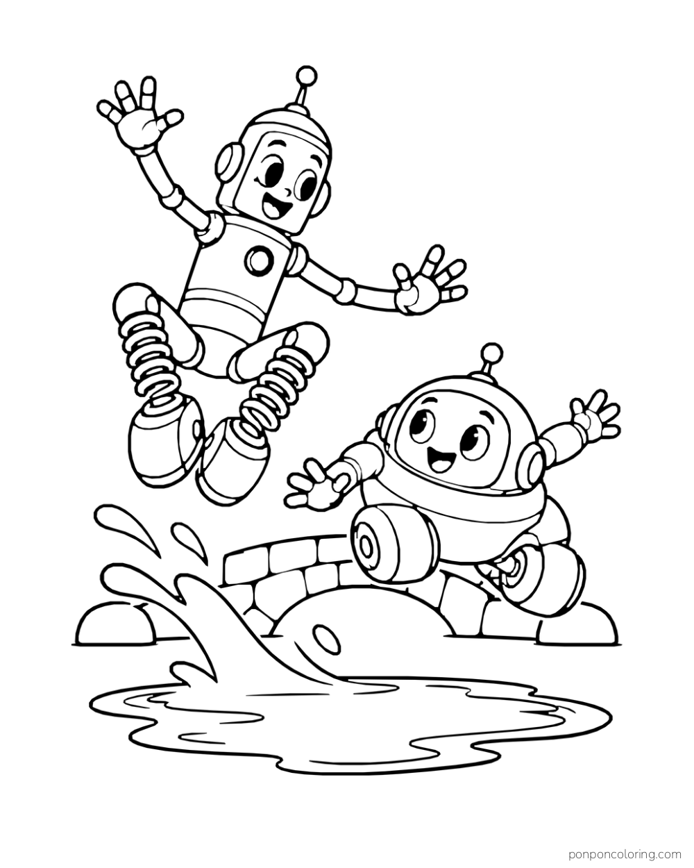 Two robots jump a puddle, one on spring legs and one on rolling skates.