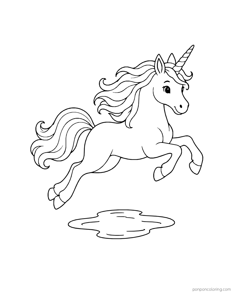 A unicorn leaps over a small puddle with its mane and tail lifted.