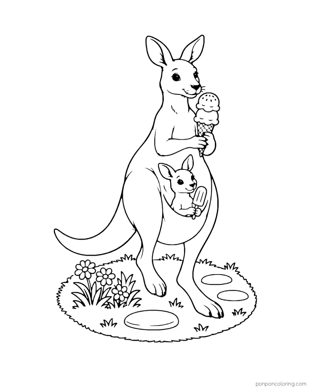 An adult kangaroo holds a cone while a joey has an ice pop on a small garden patch.
