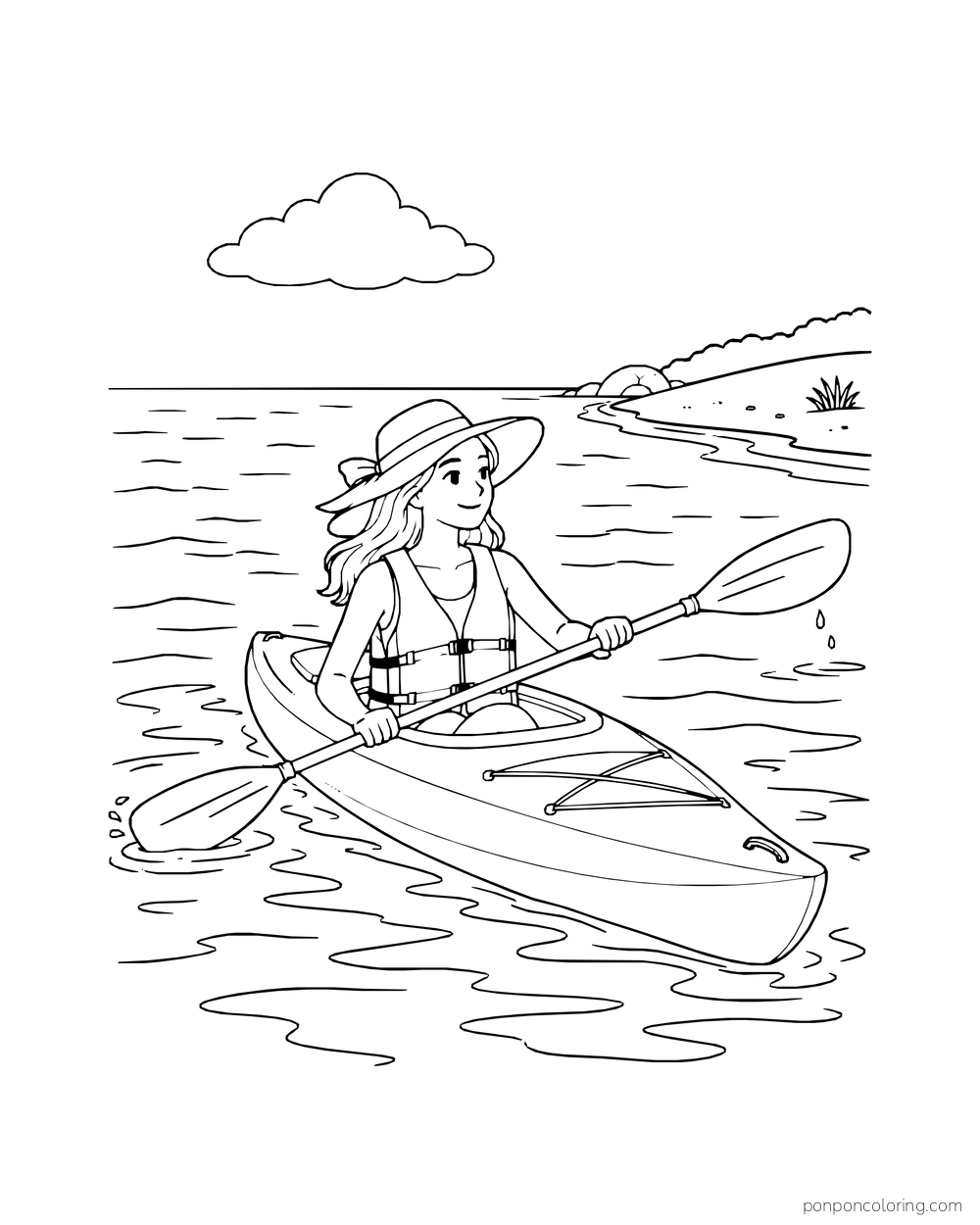 A woman paddles a kayak near a curving stretch of beach.