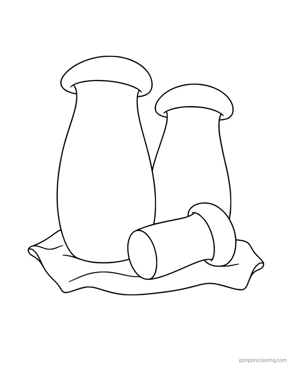 Two upright king oyster mushrooms with thick stems and small caps, with a cut mushroom lying on a cloth.