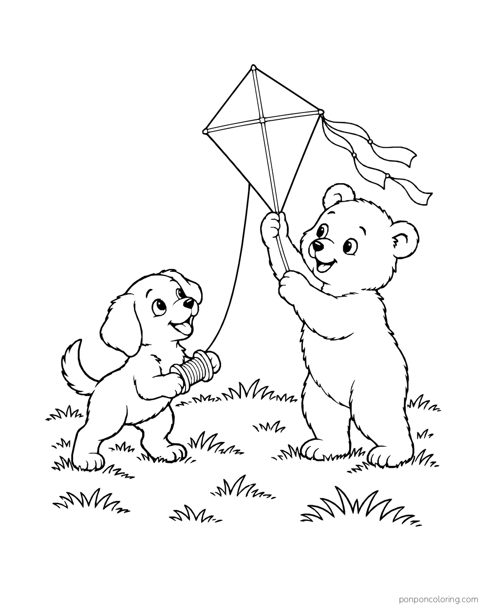 A puppy holds a spool while a bear cub steadies a diamond kite.