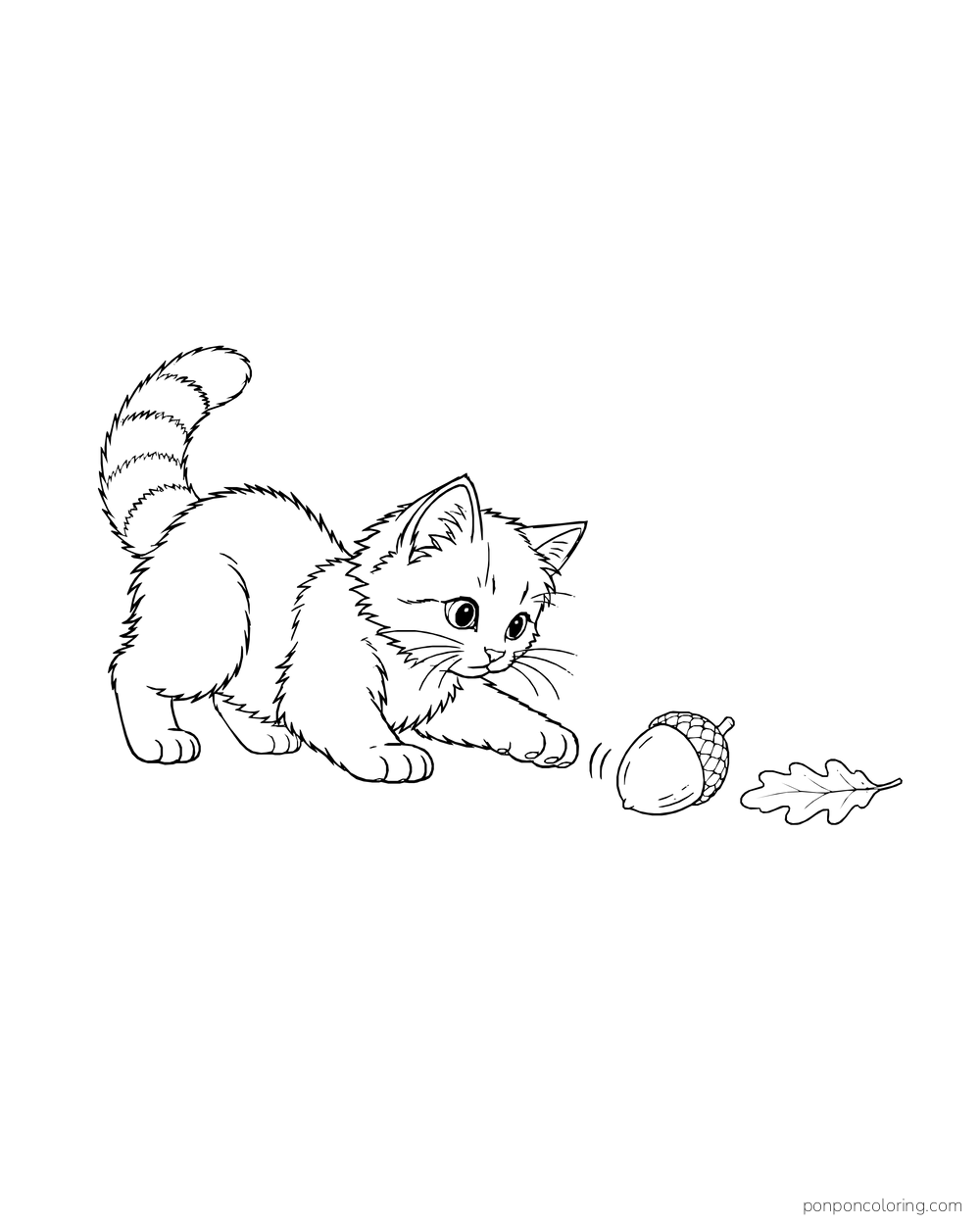 A striped-tailed kitten reaches toward a rolling acorn beside a fallen oak leaf.