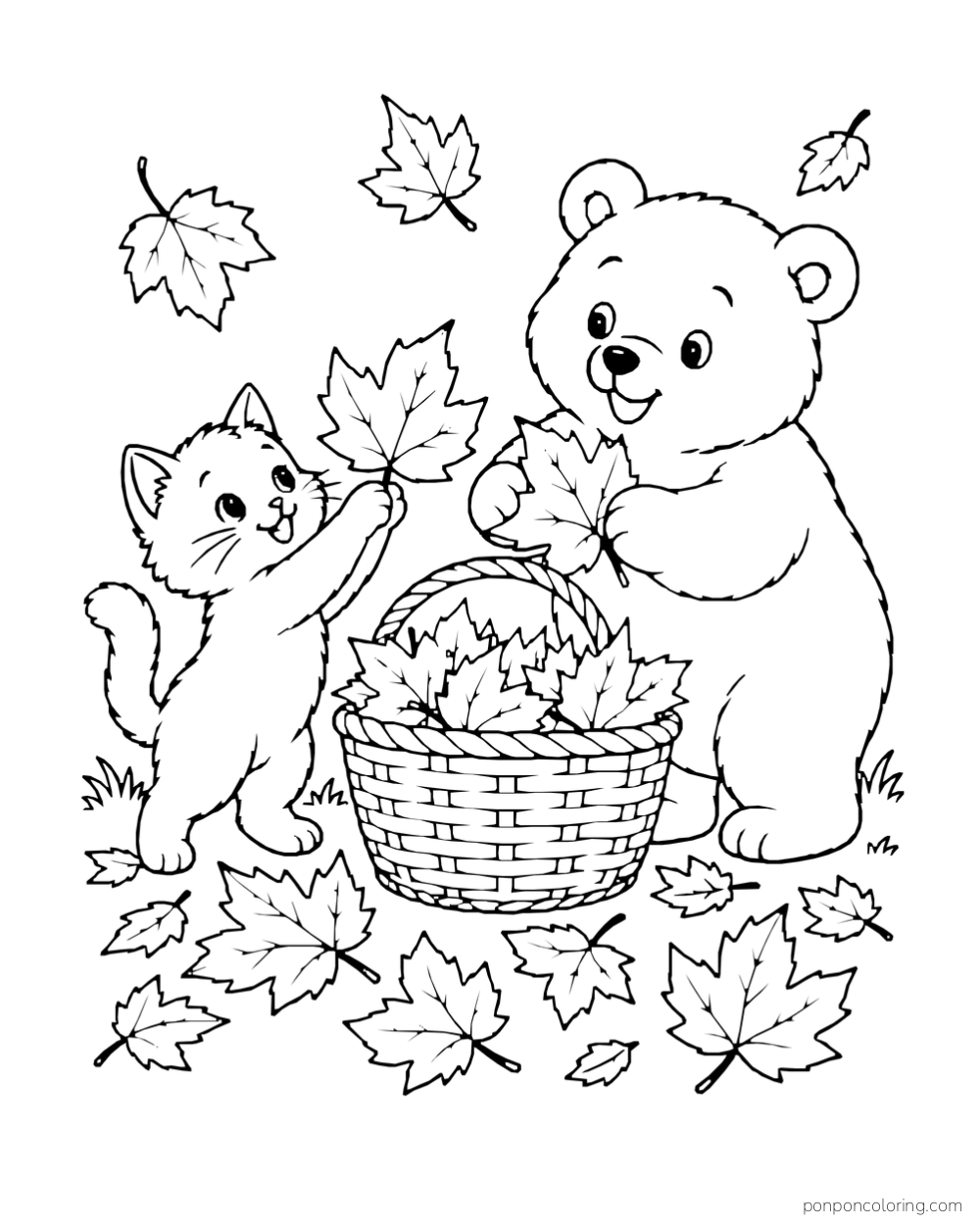 A kitten and bear gather leaves into a basket as more leaves drift around them.