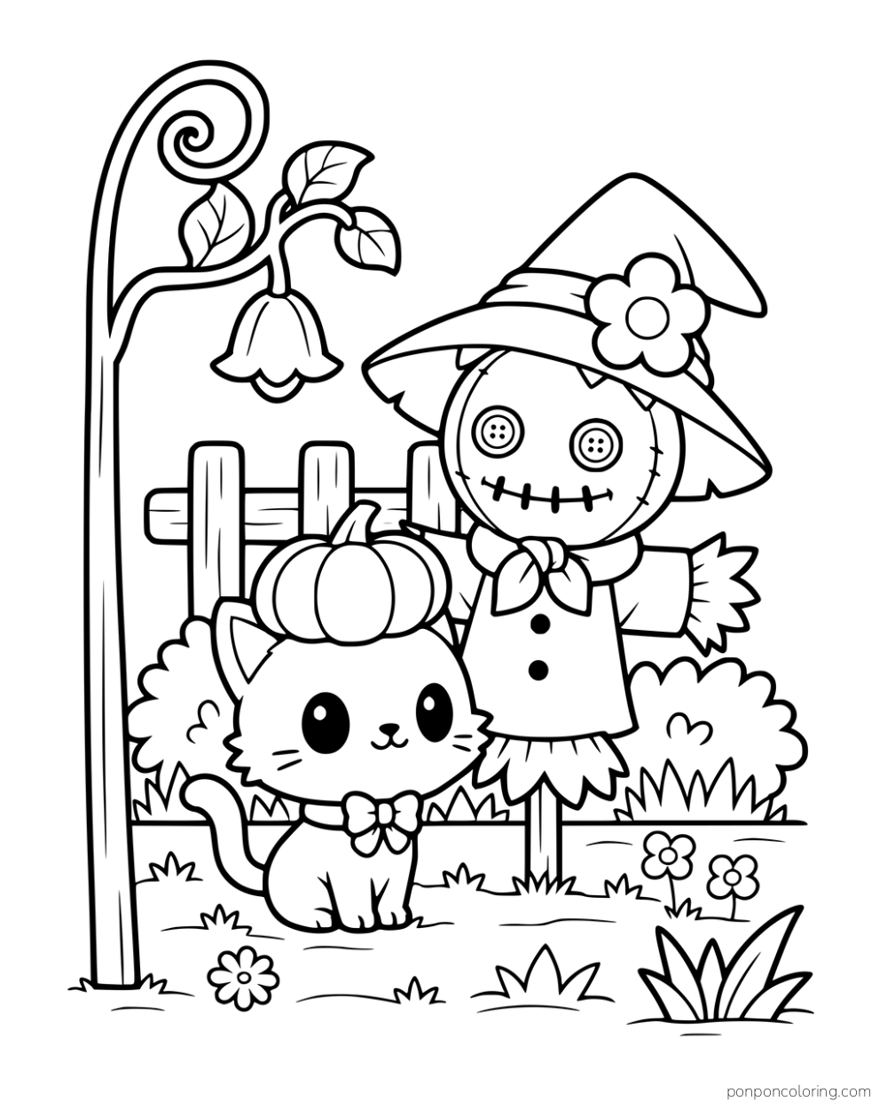 A kitten sits beside a smiling scarecrow in a pointed hat, with a pumpkin, flowers, and a curved garden lamp.
