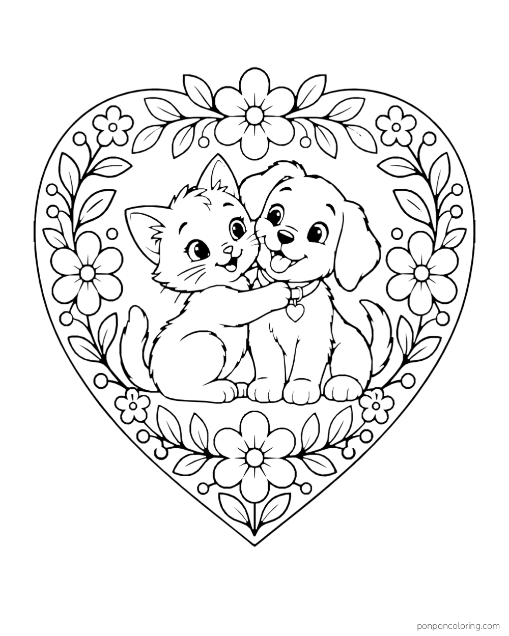 A kitten hugs a puppy inside a heart-shaped frame decorated with flowers and leaves.