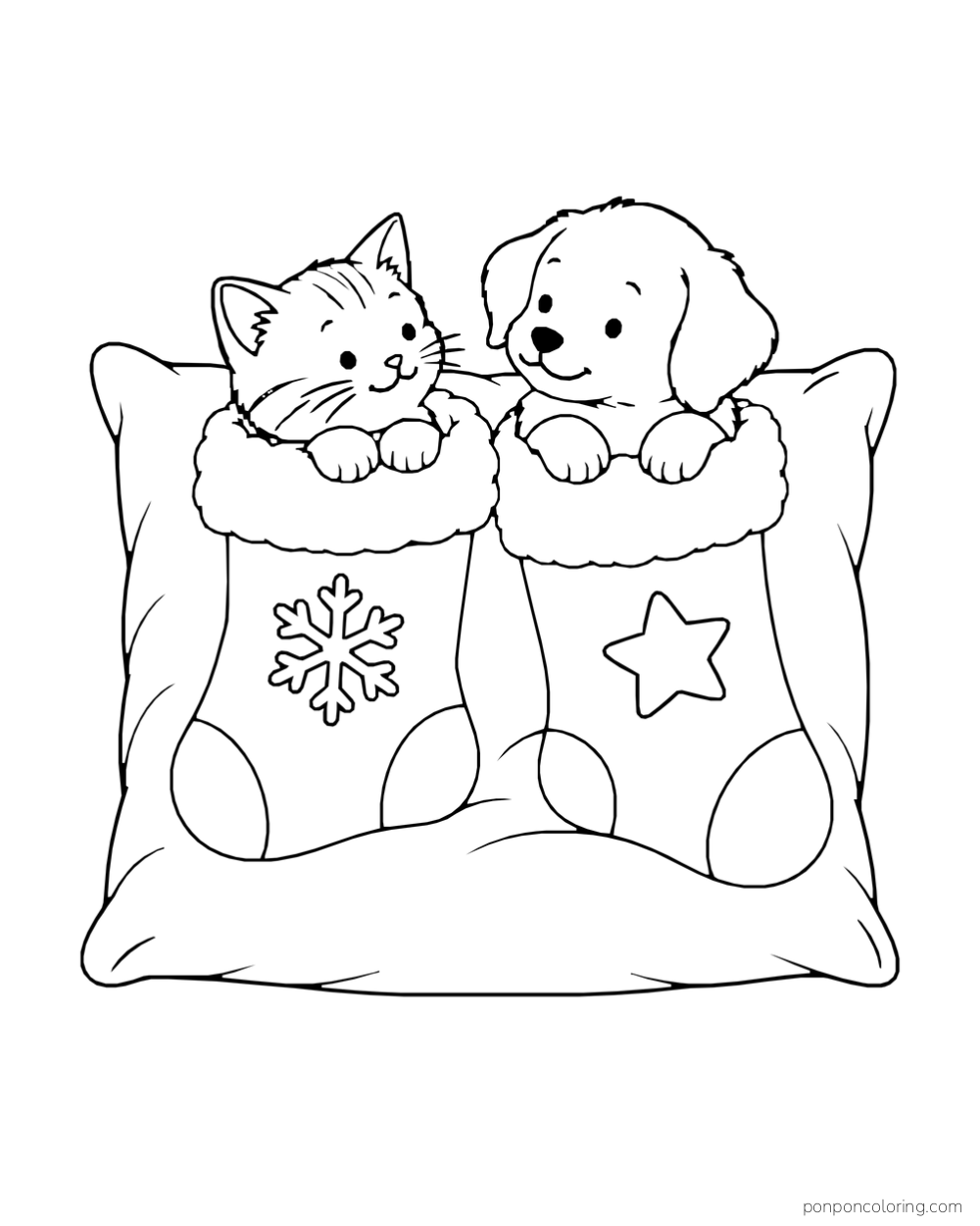 A kitten and puppy peek from decorated Christmas stockings resting on a cushion.