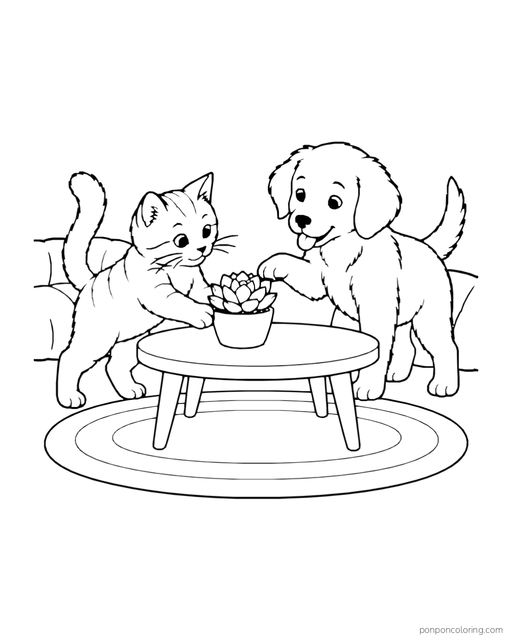 Kitten and puppy reaching toward a small succulent pot on a low round table.