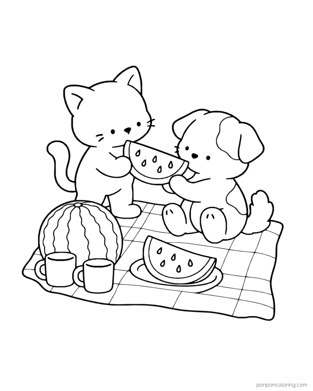 A kitten and a puppy holding a watermelon wedge together on a checkered blanket, with a whole melon, two cups, and another slice on a plate.