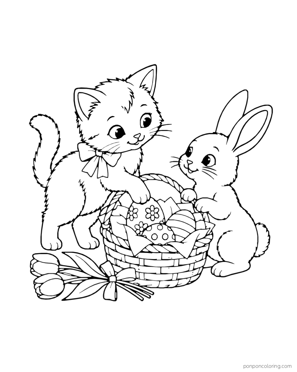 A kitten and rabbit arrange decorated eggs in a paper-lined basket beside a ribboned bunch of tulips.