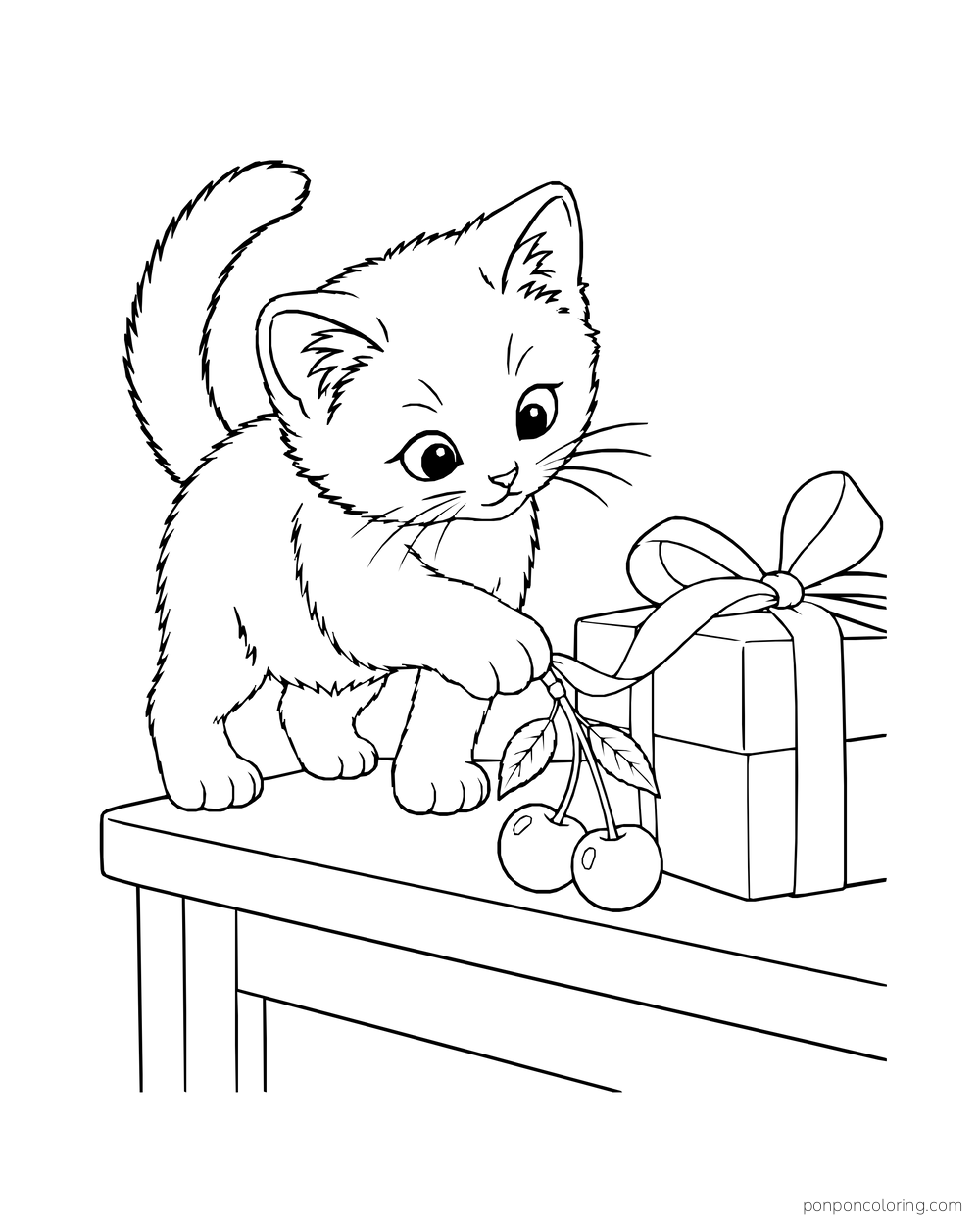 A kitten reaches toward a ribboned gift box beside a loose cherry pair.
