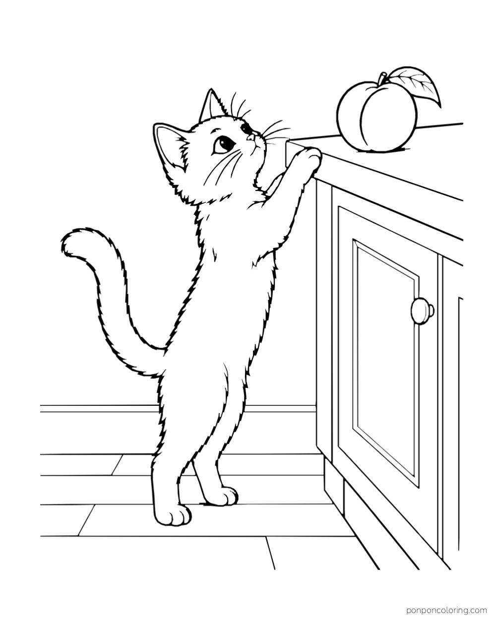 Kitten standing on its hind paws and reaching toward a peach on a kitchen counter.