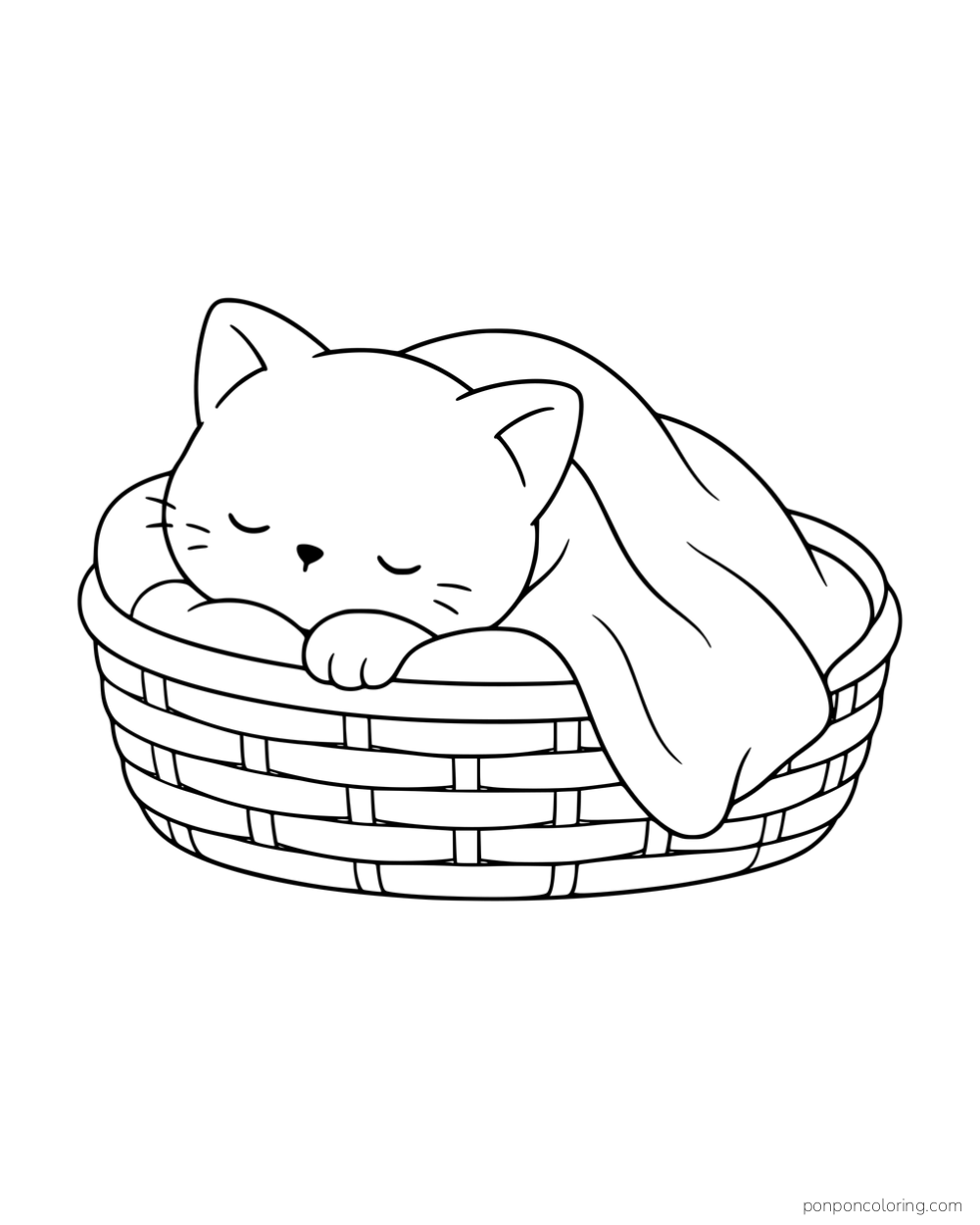 A kitten tucked under a blanket in a woven basket.