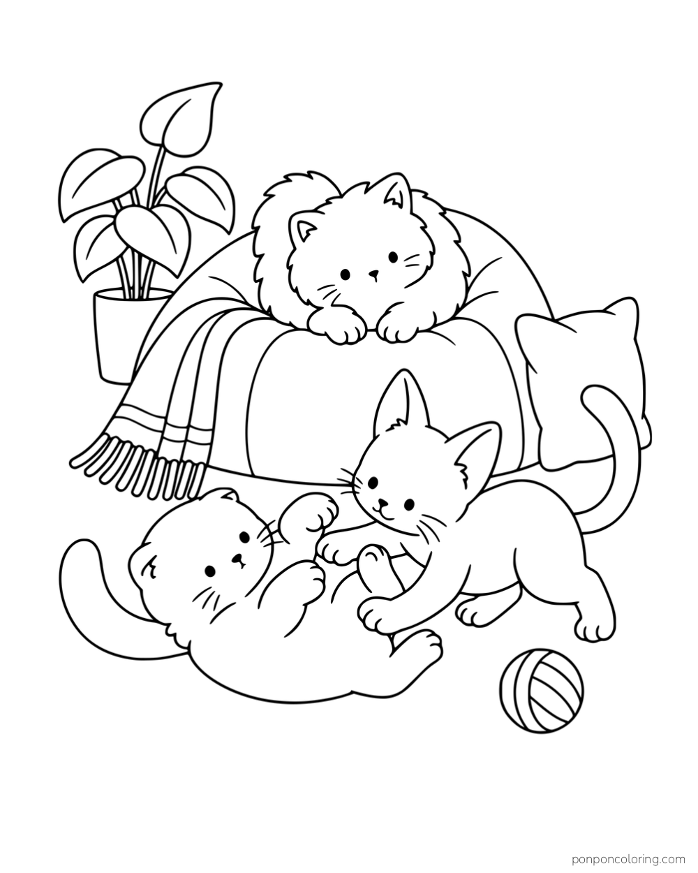 Two kittens playing beside a beanbag while a fluffy kitten watches from above.
