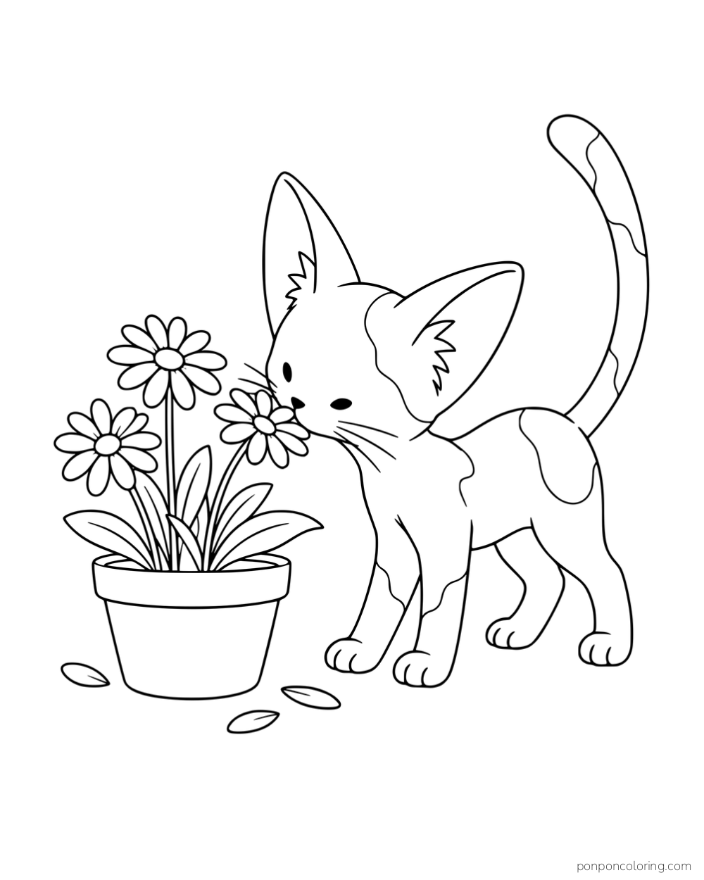 A slender large-eared kitten sniffing flowers in a pot.