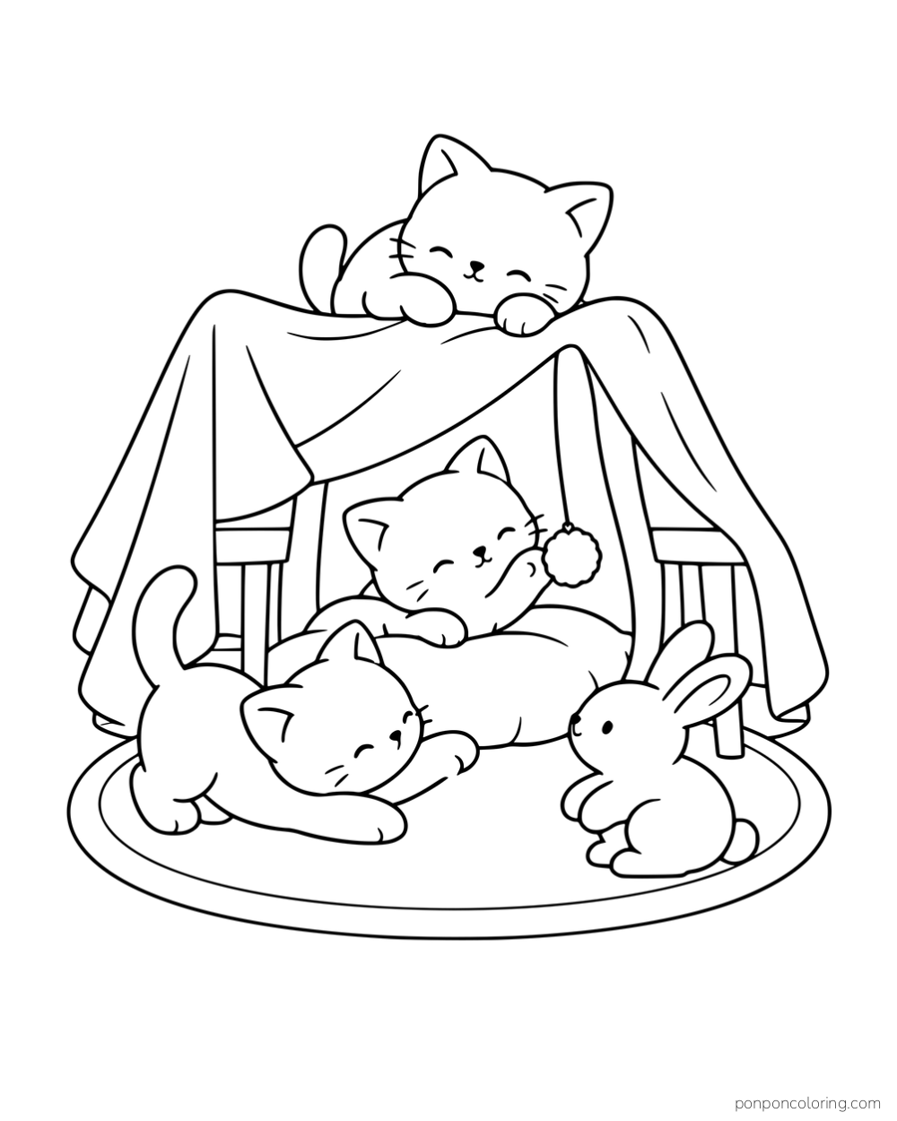 Three kittens and a rabbit in and around a blanket fort on an oval rug.