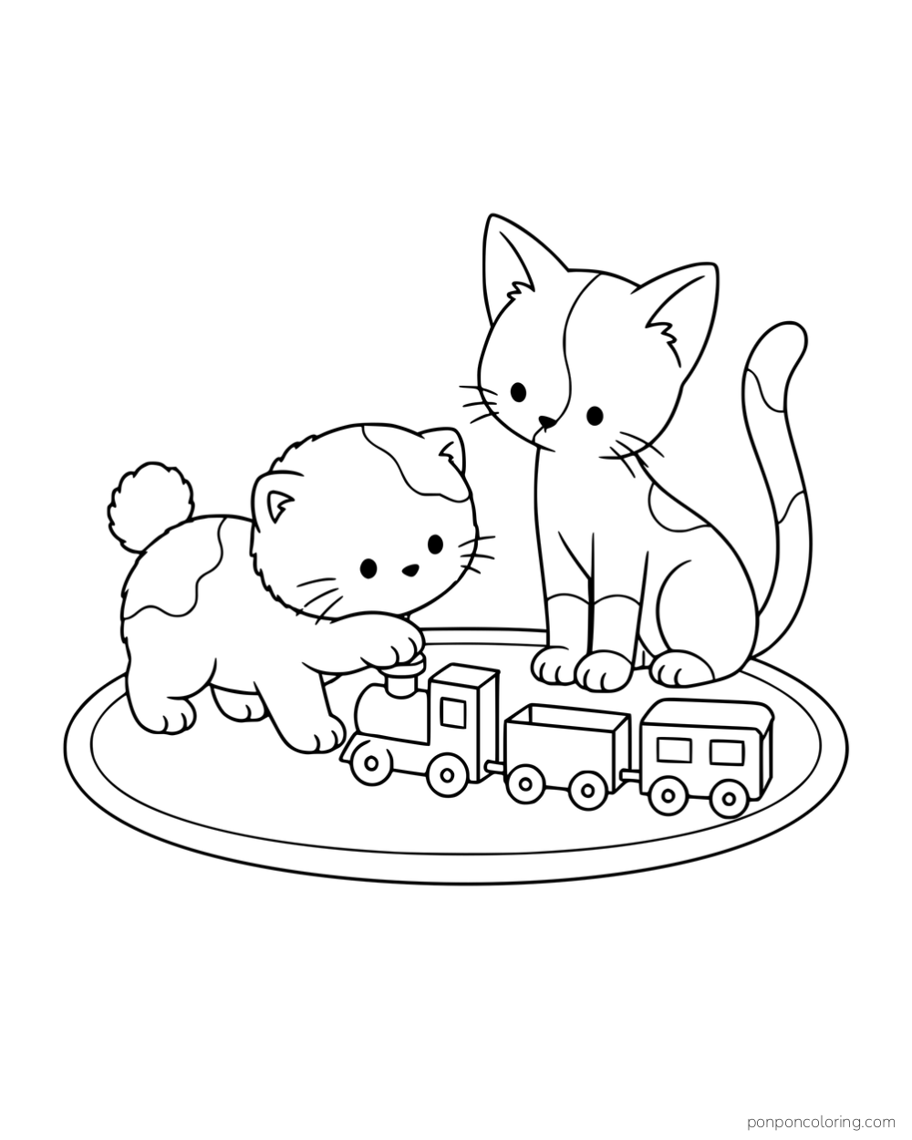 A short-tailed kitten and a long-tailed kitten playing with a toy train on a rug.