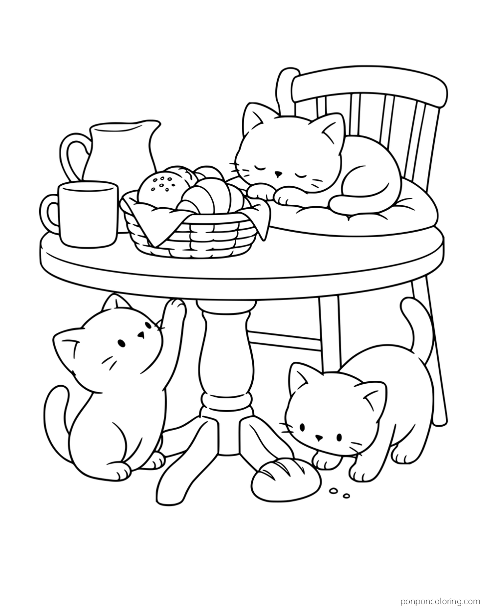 Three kittens resting on and exploring beneath a round table with a bread basket, pitcher and cup.