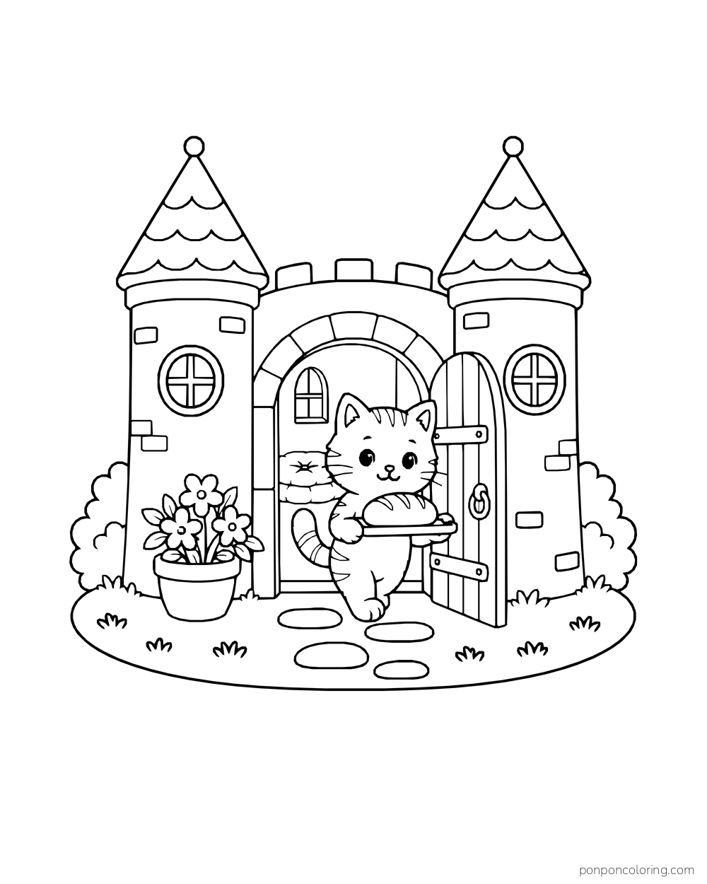 A kitten carrying a loaf through an open castle gate between two towers, with a flowerpot and cushions inside.
