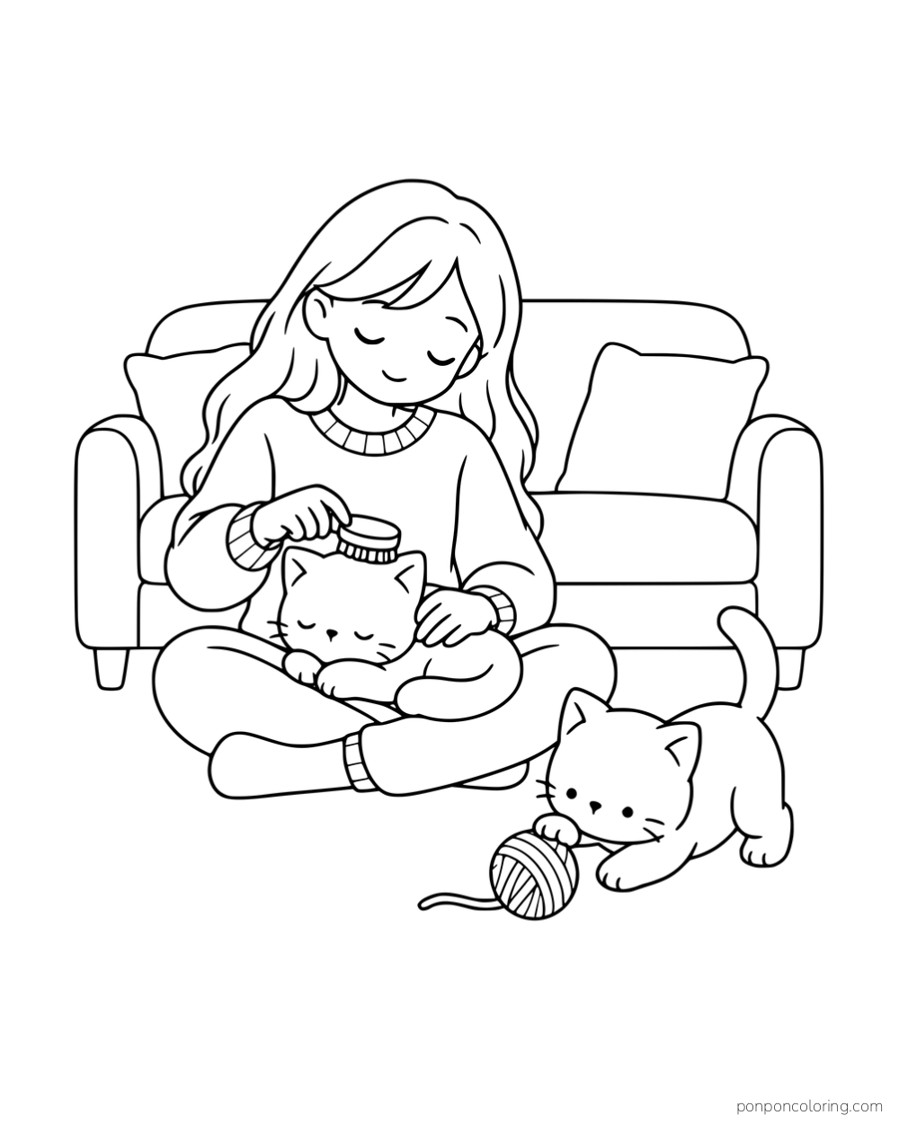 A woman brushing a kitten in her lap while another kitten plays with yarn in front of a sofa.