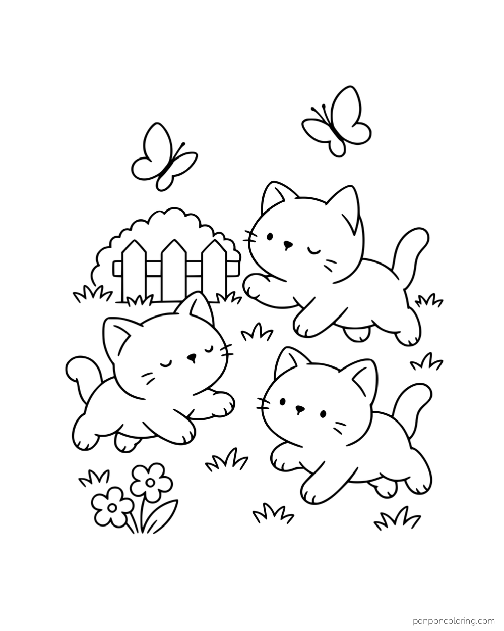 Three kittens leaping after butterflies near a garden fence and flowers.