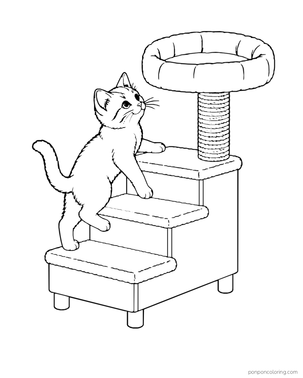 A kitten climbs three steps toward a padded perch on a scratching post.