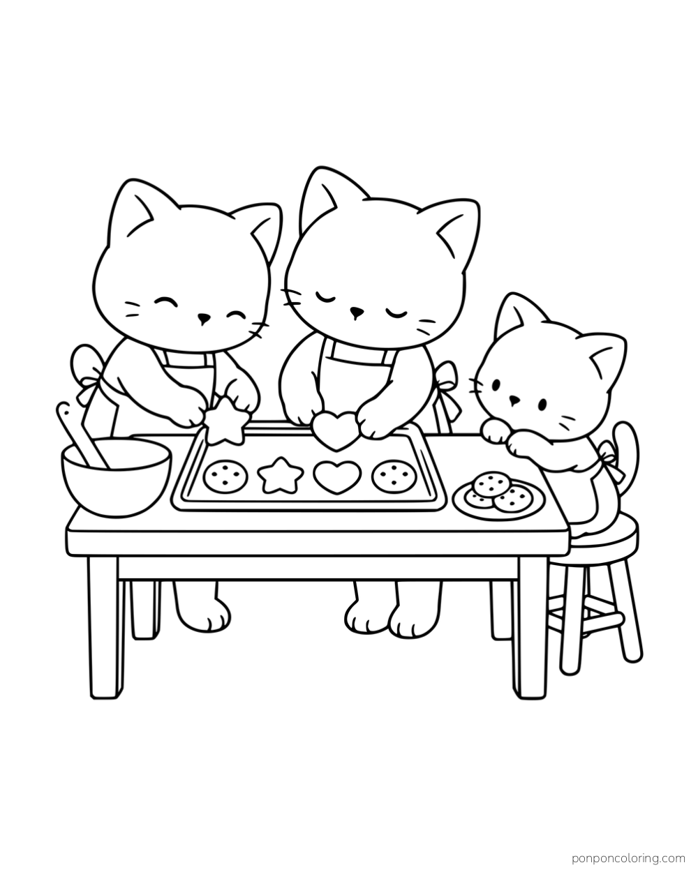 Three kittens making cookies around a table with a mixing bowl, baking tray and plate.