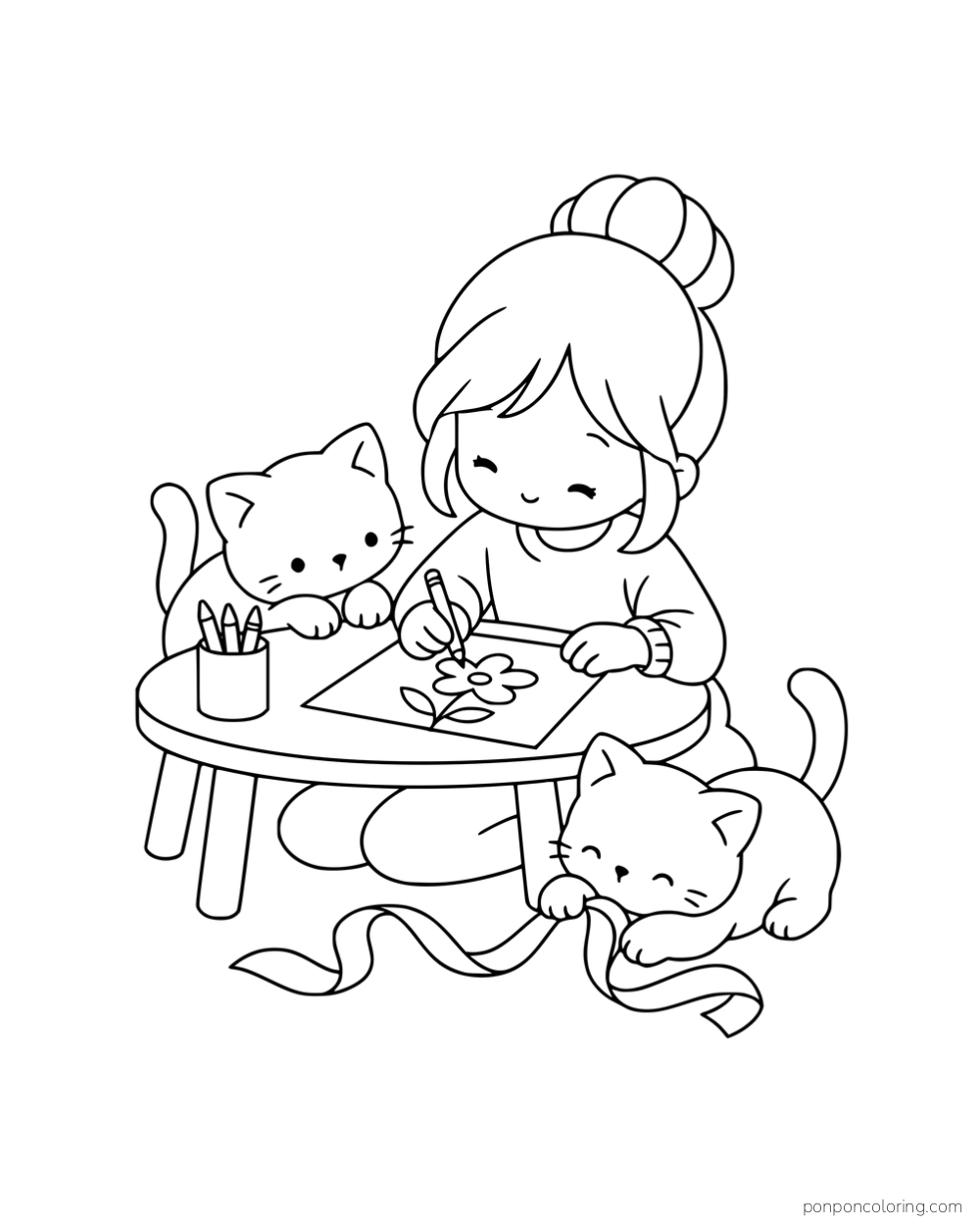 A woman drawing a flower at a low table while one kitten watches and another plays with ribbon.
