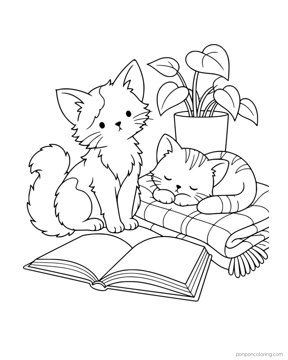 A fluffy kitten beside an open book and another kitten sleeping on folded blankets.
