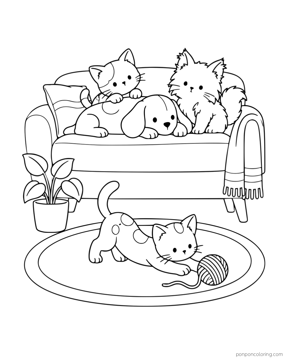 A small dog and two kittens sharing a sofa while another kitten plays with yarn on a rug.